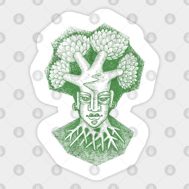 Forest God Soul Expression with Side Profile of a Man and His Head with Leafy Tree Branches Hand Drawn Illustration with Pen and Ink Cross Hatching Technique 1 Sticker by GeeTee